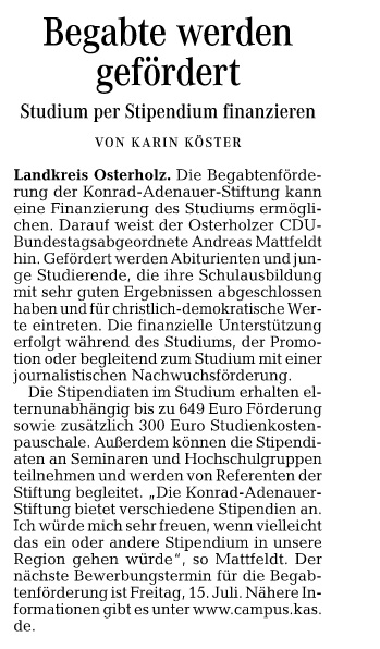 Osterholzer Kreisblatt 08.07.16 Mattfeldt Begabtenförderung KAS